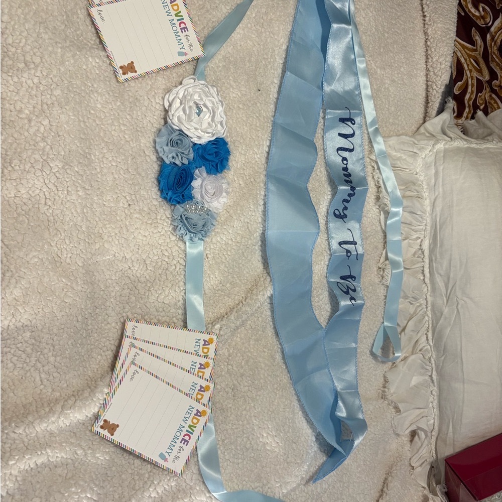 Blue and White Floral Sash boy baby shower or gender reveal